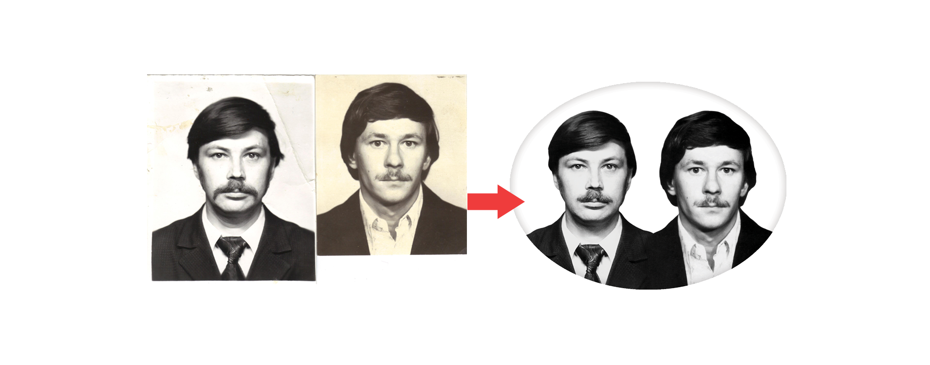 На данном снимке попросили объеденить 2ух людей и изменить форму усов.